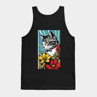 American Shorthair Cat Vibrant Tropical Flower Tall Retro Vintage Digital Pop Art Portrait 4 Tank Top